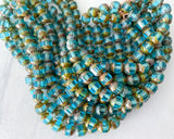 8mm Aqua Blue with Green Picasso Cathedral Beads Window Cut Czech Glass Beads Multi Faceted Special Cut 0EVE1565